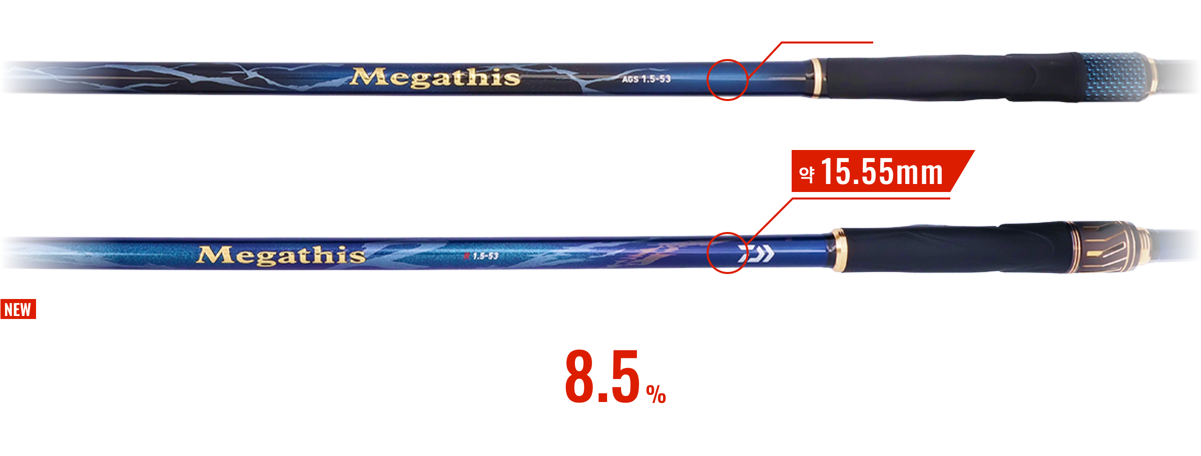 Megathis AGS 1.5-53 約17.01mm（従来）と Megathis 1.5-53 約15.55mm（新）の比較: #5（元竿）外径 8.5% 細身化（玉口から600mmの位置で測定）